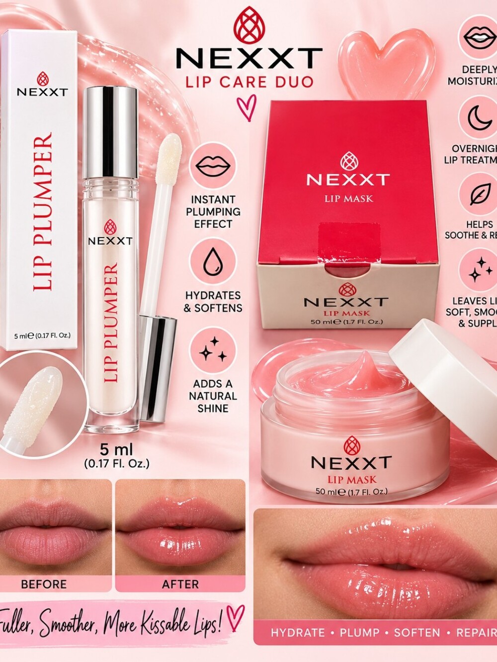 Nexxt Pink Lip Care Duo — Hydrating Pink Lip Plumper & Pink Lip Mask